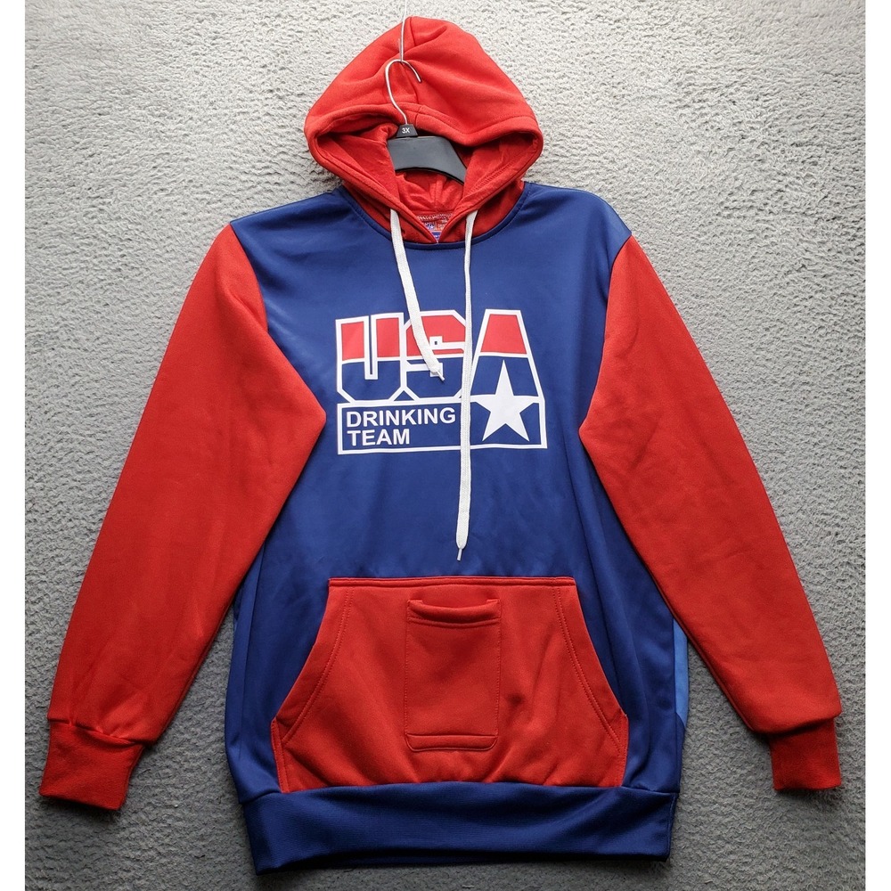 USA Drinking Team College Hoodie Mens Medium Multi Stars Stripes Beer Pocket